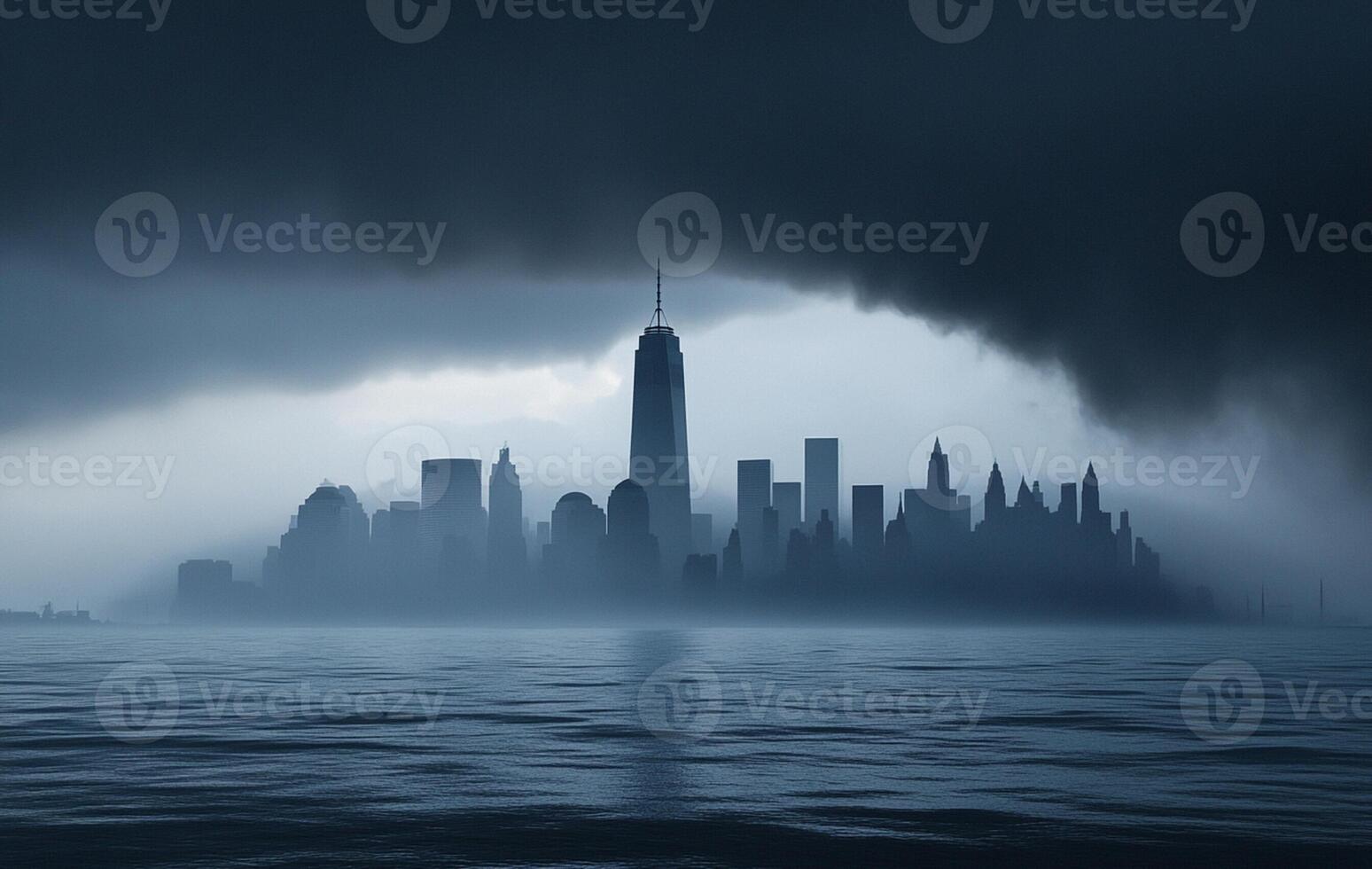 A city skyline is seen in the distance under a dark sky photo