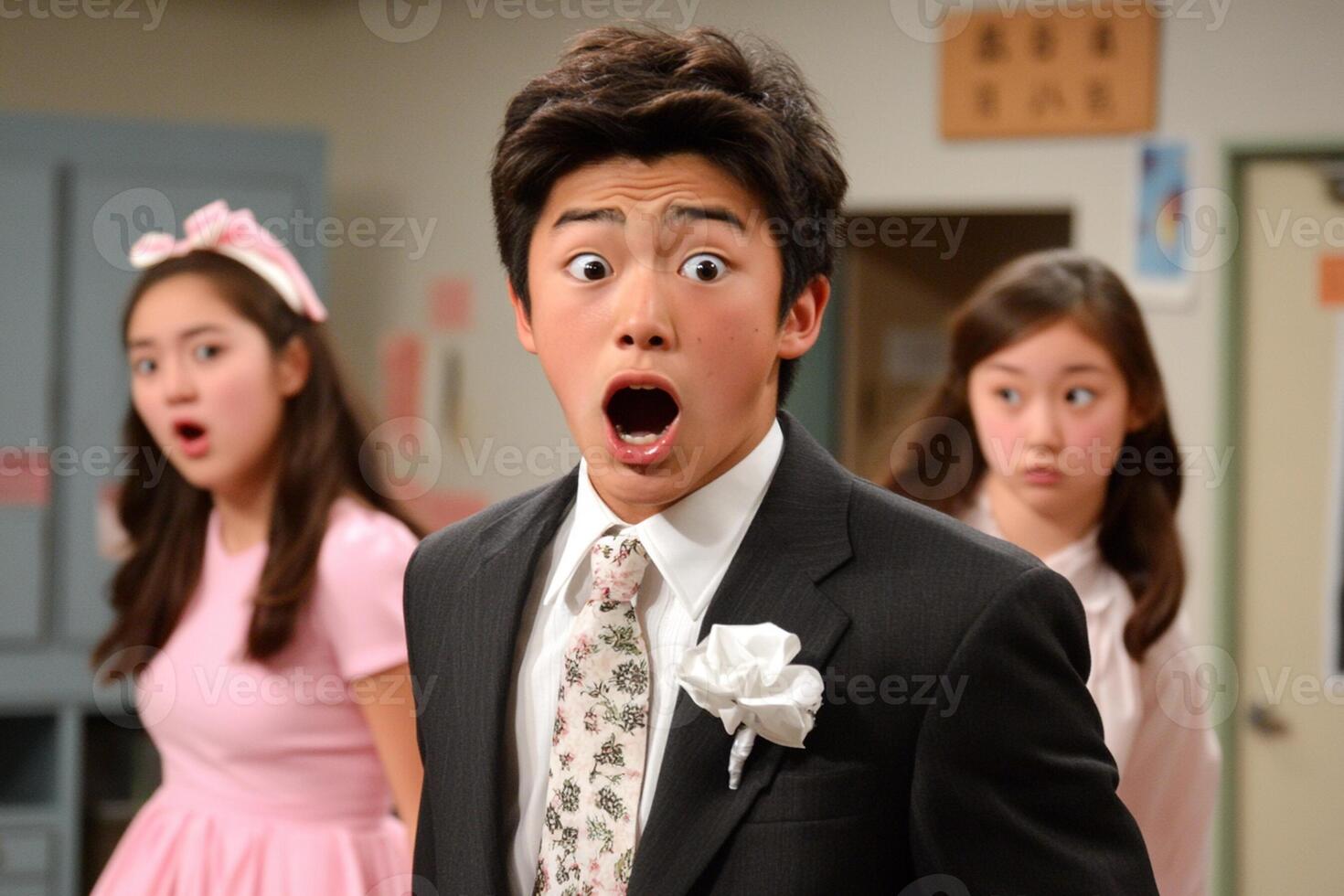 A young man in a suit and tie is shocked photo