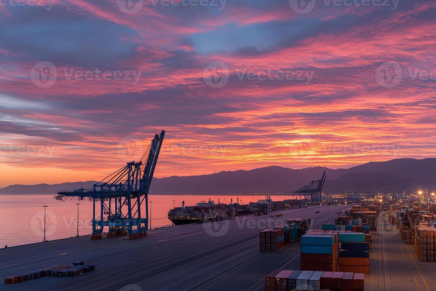 A large port with a crane and a ship photo
