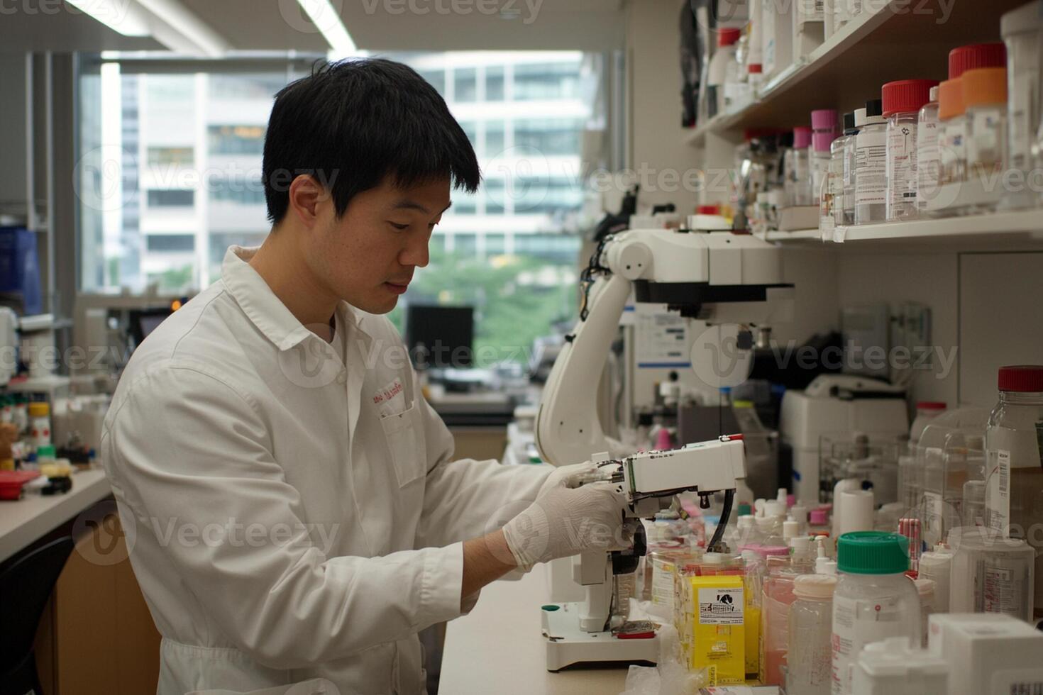 A man in white lab coat working on a microscope photo
