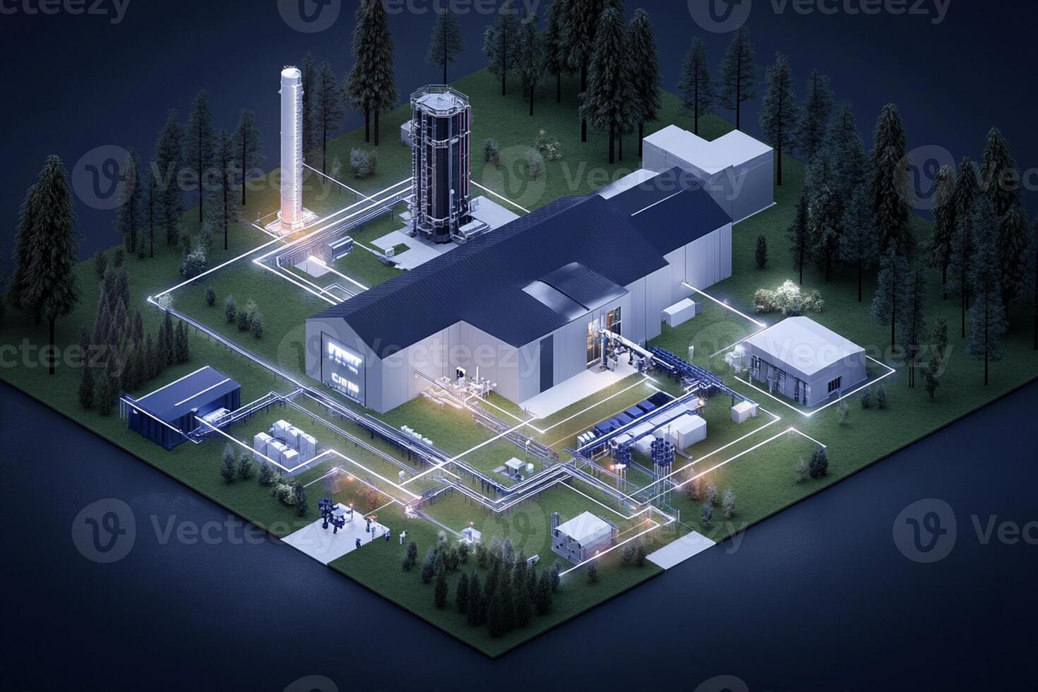 An industrial plant with a large chimney and a large factory photo
