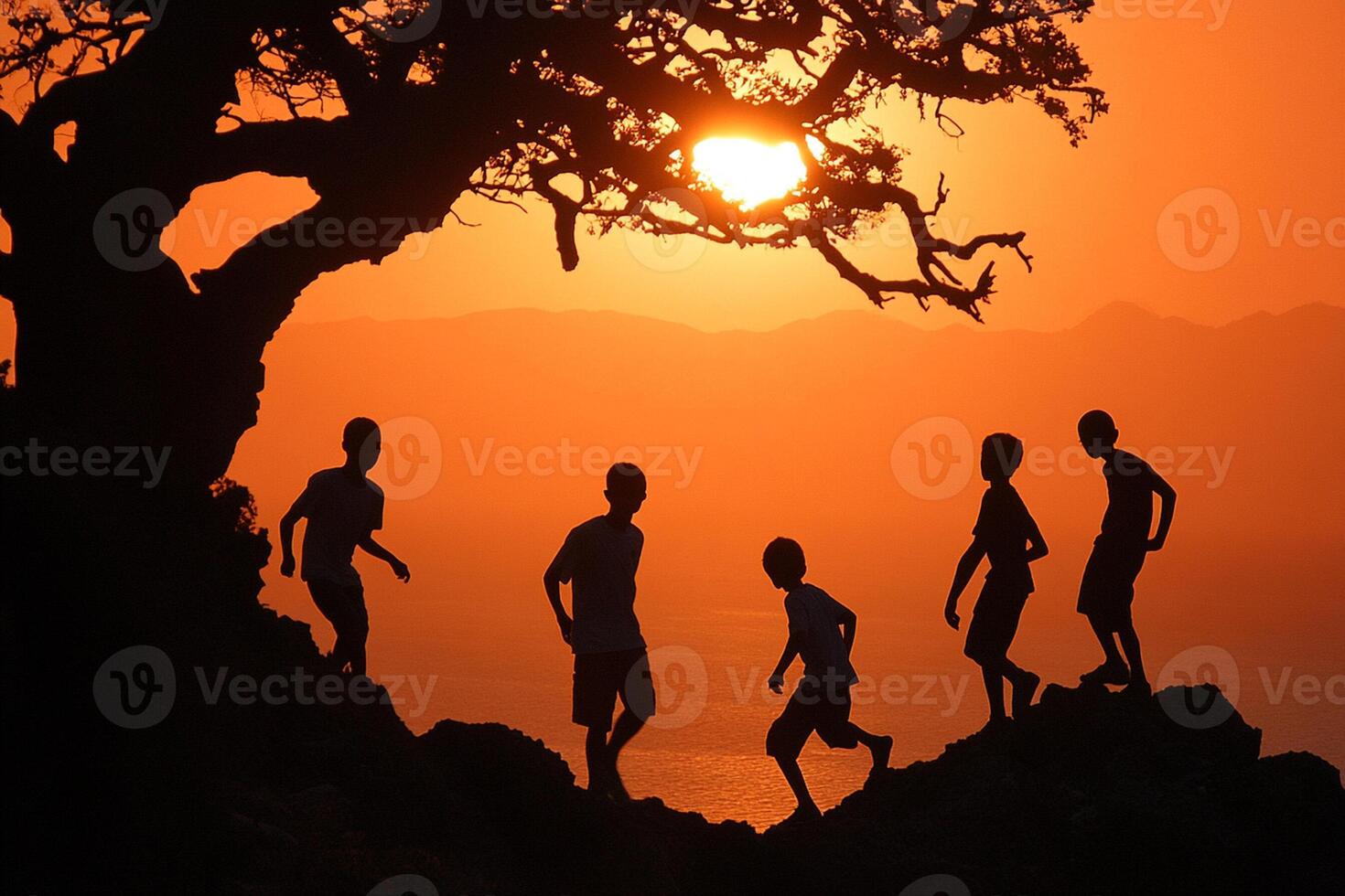 A group of people are silhouetted against the sunset photo