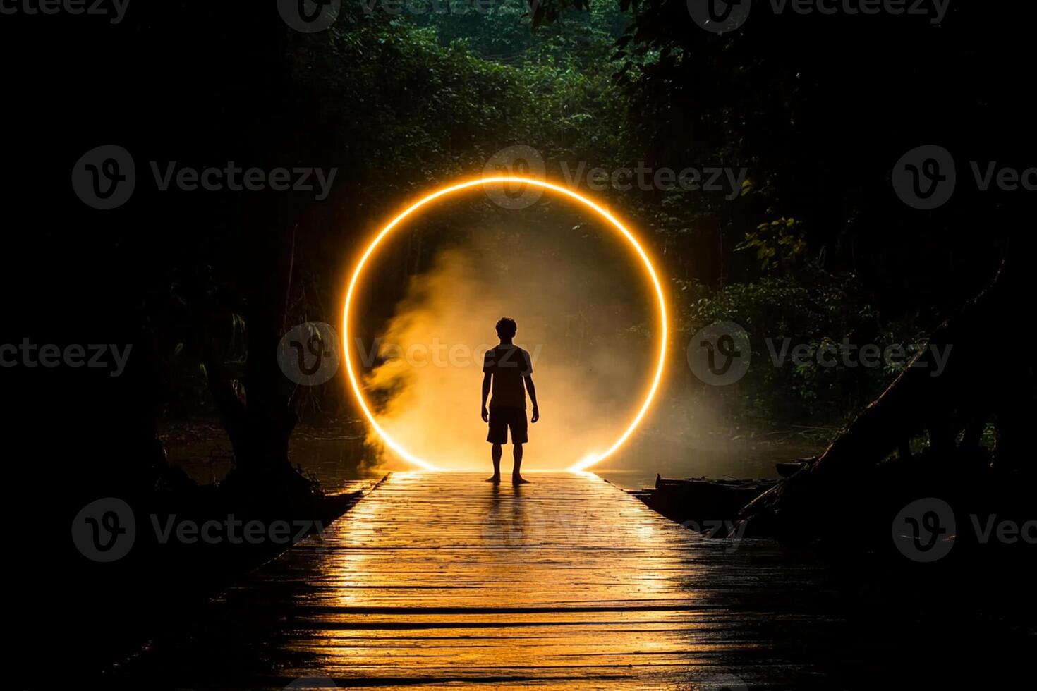 A man standing on a bridge with a glowing circle photo