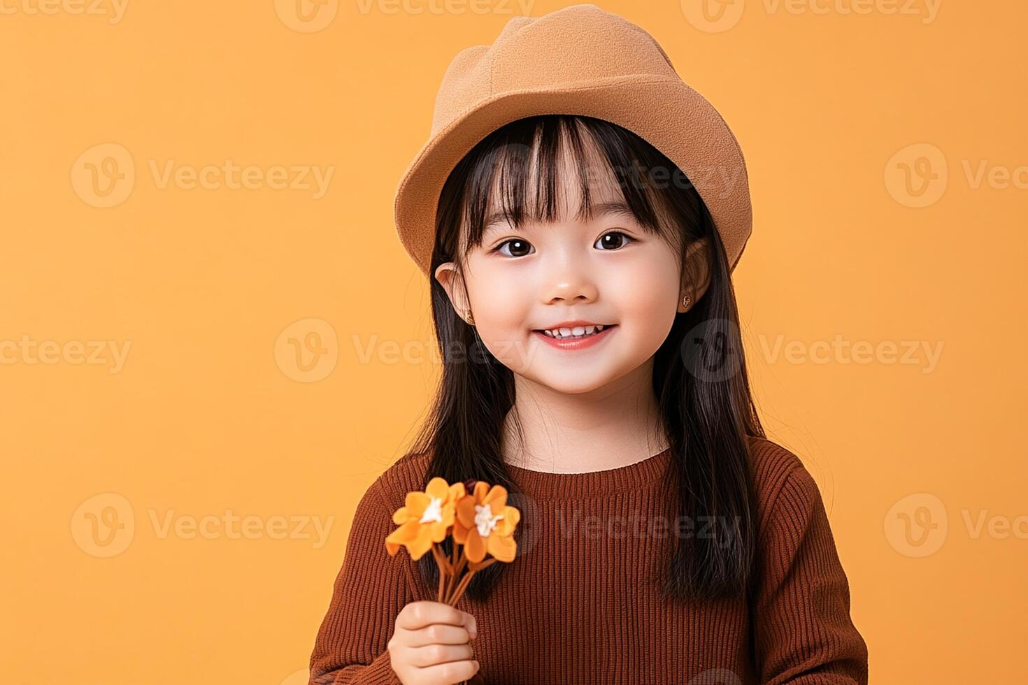 A little girl in a brown sweater holding a flower photo