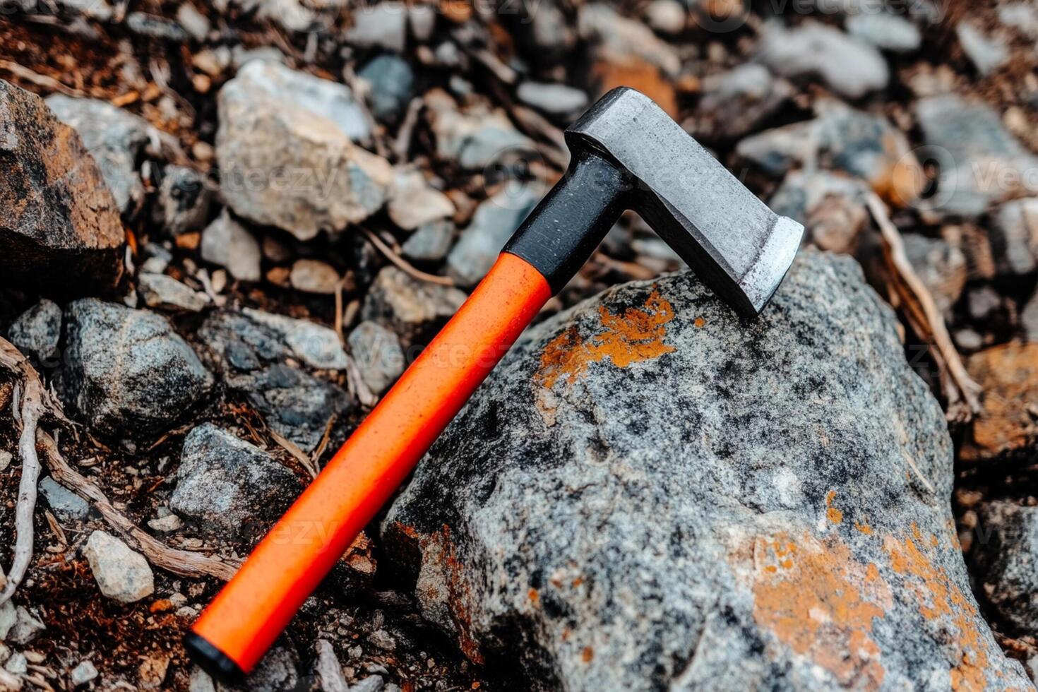 A large axe resting on a rock photo