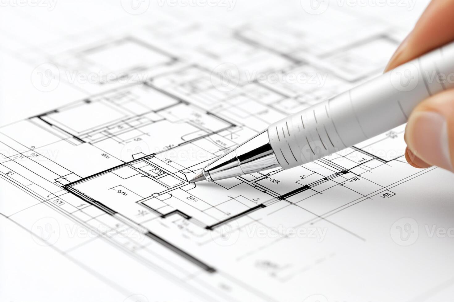 A person is holding a pen over a blueprint photo
