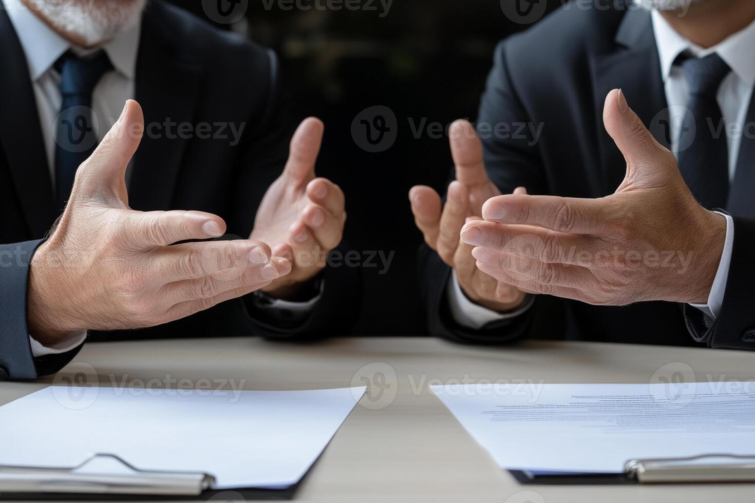 Two business people sitting at a table with papers and one is gesturing photo