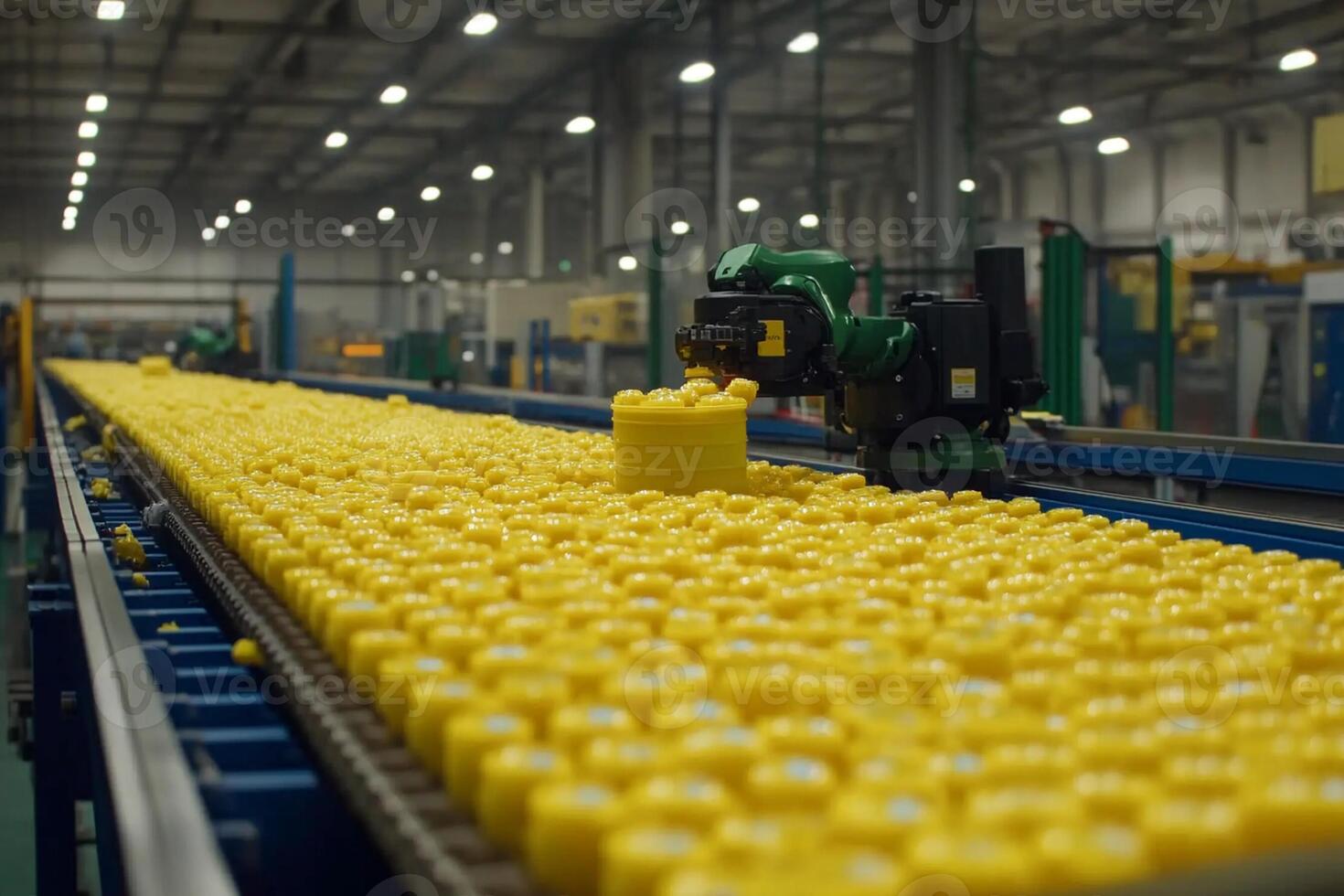 A factory with yellow plastic toys on a conveyor belt photo