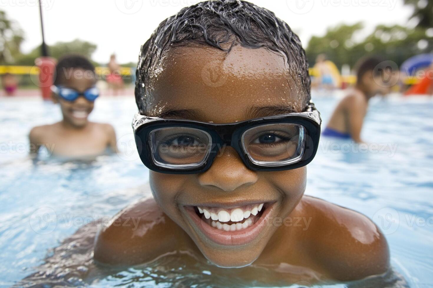 A young boy wearing goggles in a pool photo