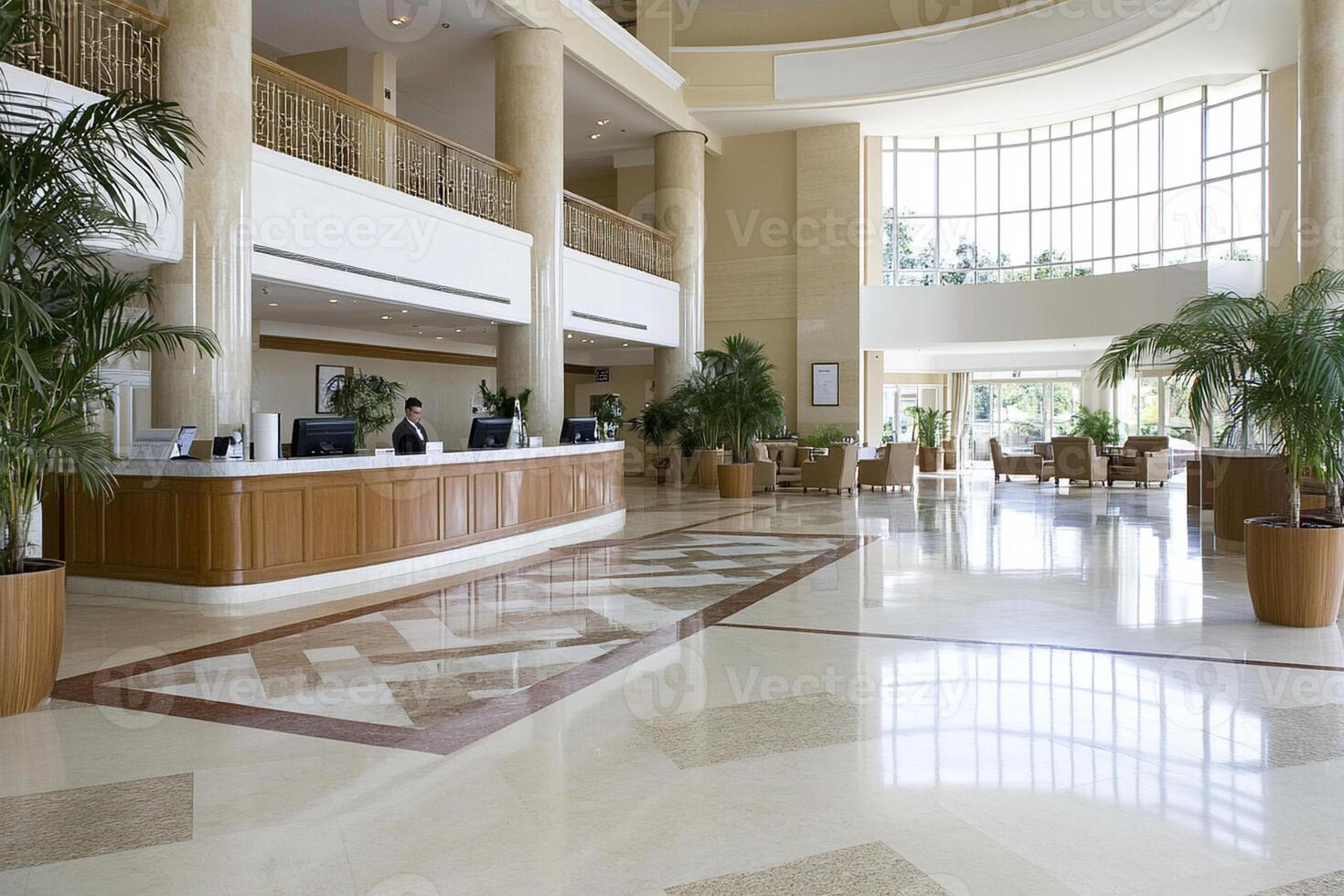 A large lobby with a reception desk and plants photo