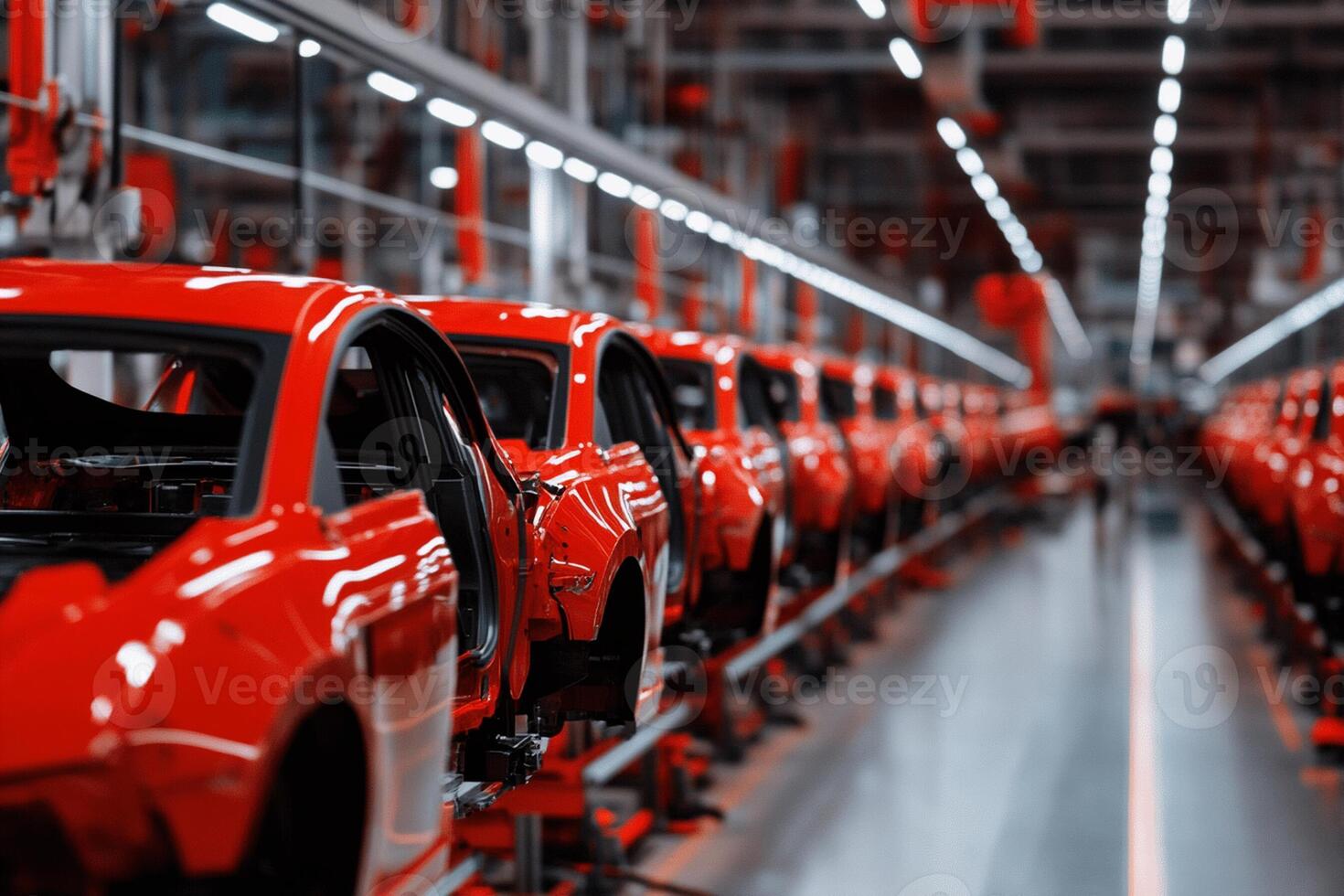 A factory with red cars on the assembly line photo