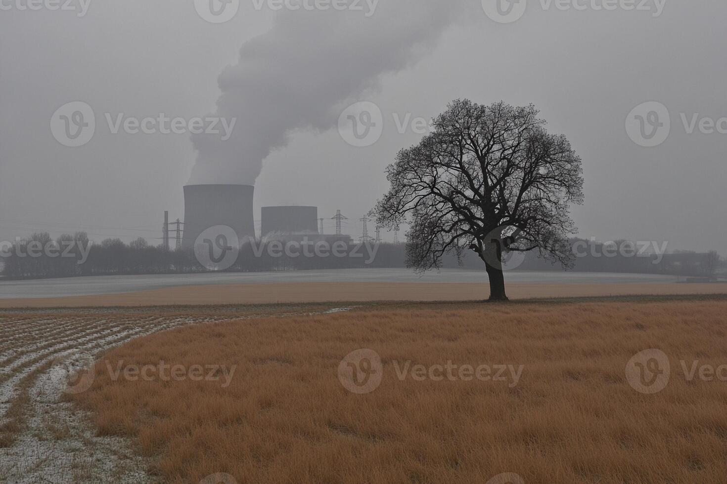 A tree in a field with smoke coming out of the chimney photo