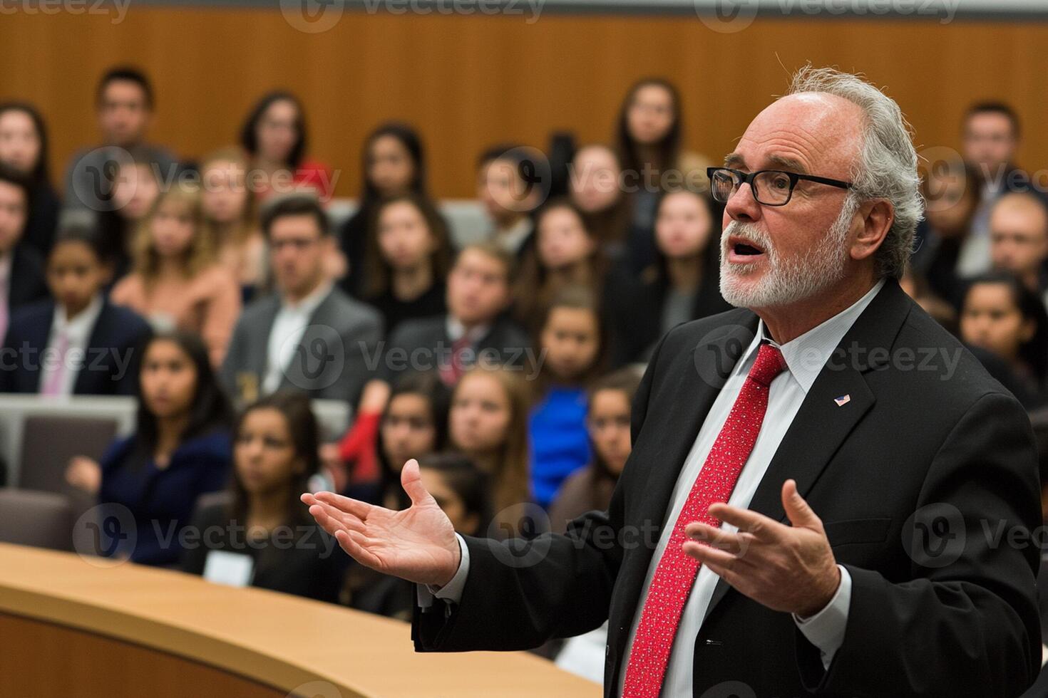 A man in a suit and tie speaking in front of a crowd photo