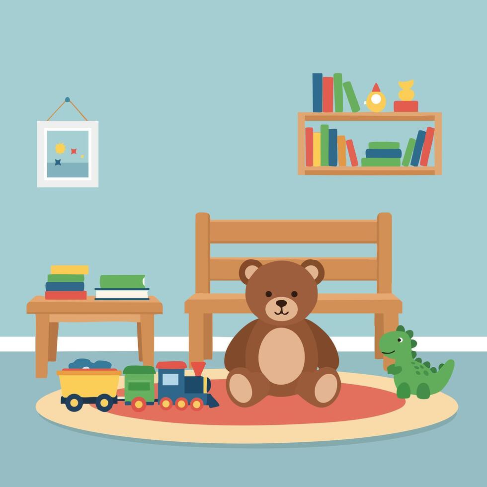 Teddy bear with toy train and dinosaur in children room with bookshelf and table illustration vector