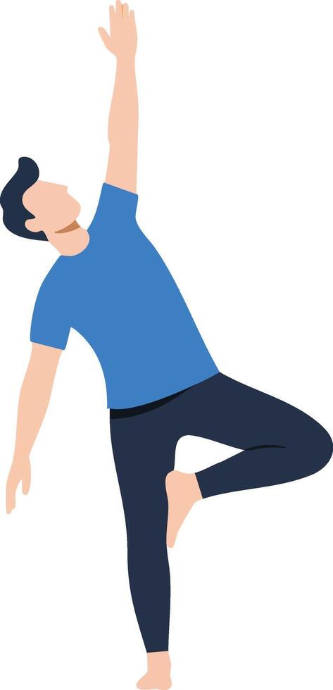 Man practicing yoga tree pose balance exercise in blue shirt and black pants illustration vector