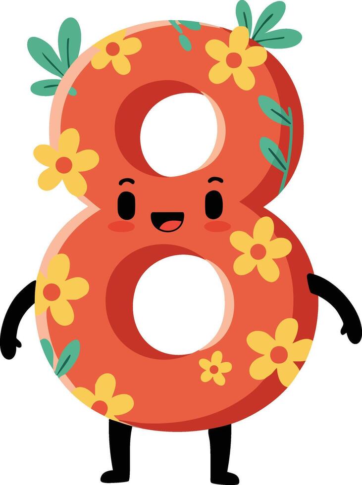 Number eight character with orange flowers and green leaves cute cartoon illustration vector