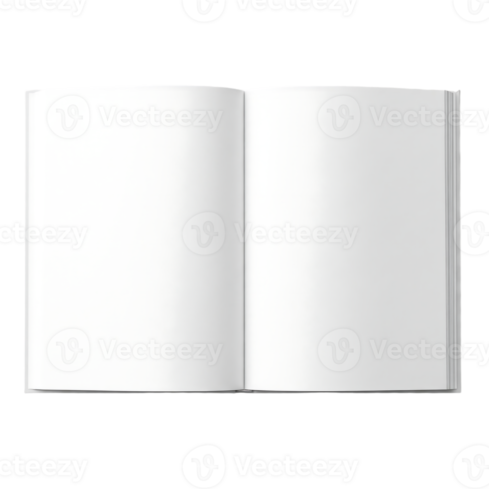 Open blank book with white pages and textured edges isolated on transparent background png