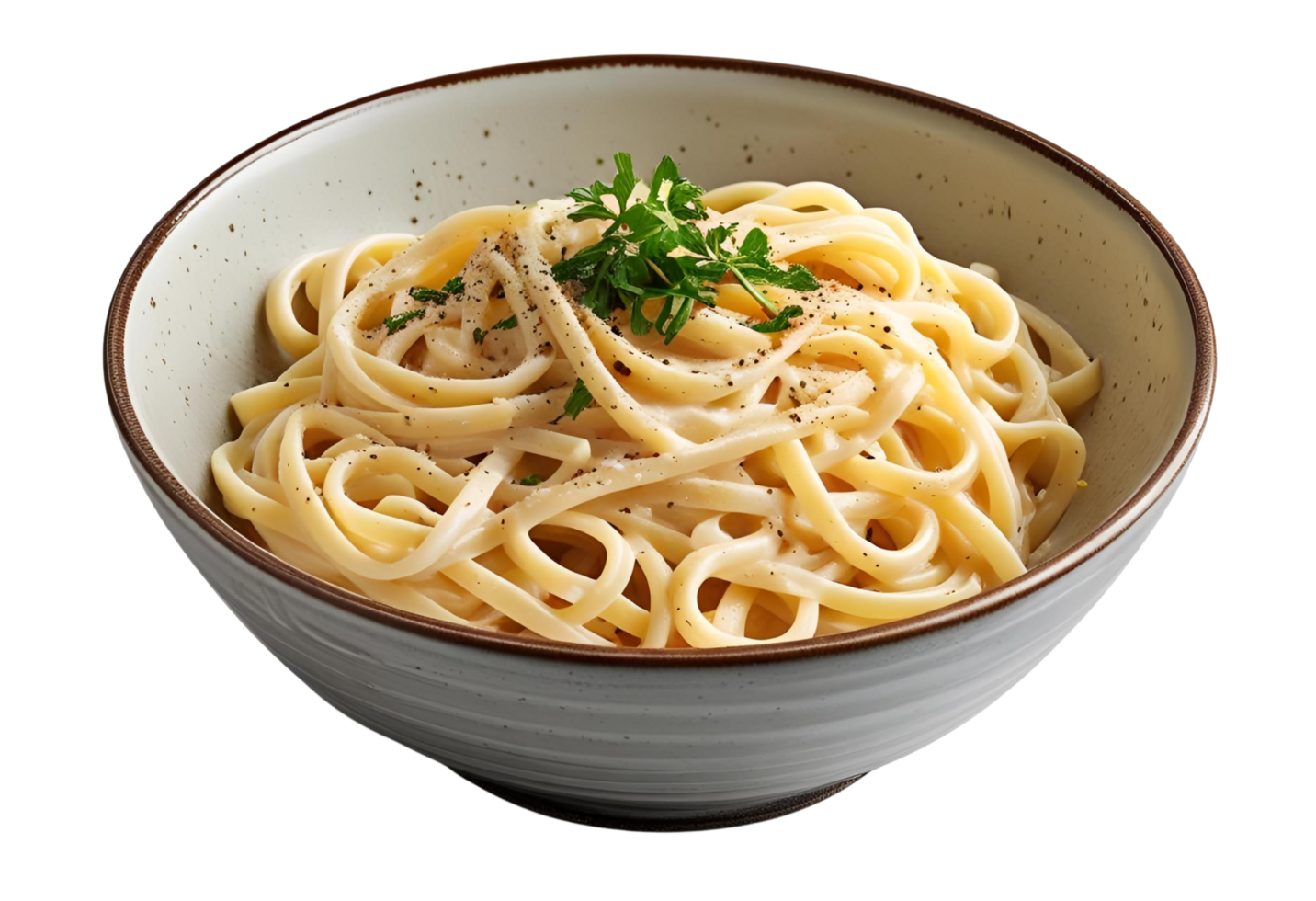 Bowl of fettuccine Alfredo with garnish isolated for meal display. png