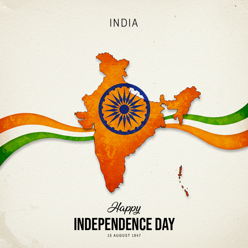 Creative 15th August greeting card design with saffron and green color splash representing the Indian flag. psd