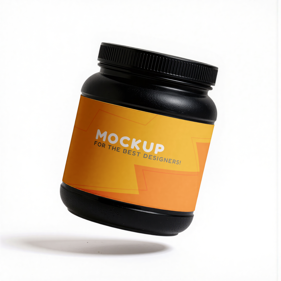 Mockup of supplement jar floating on white backdrop psd