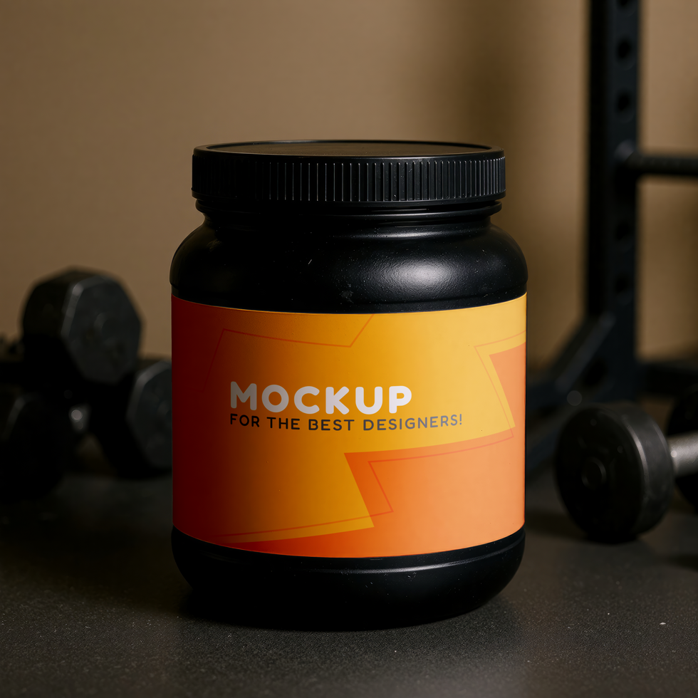 mockup of supplement jar inside gym with dumbbell in background psd