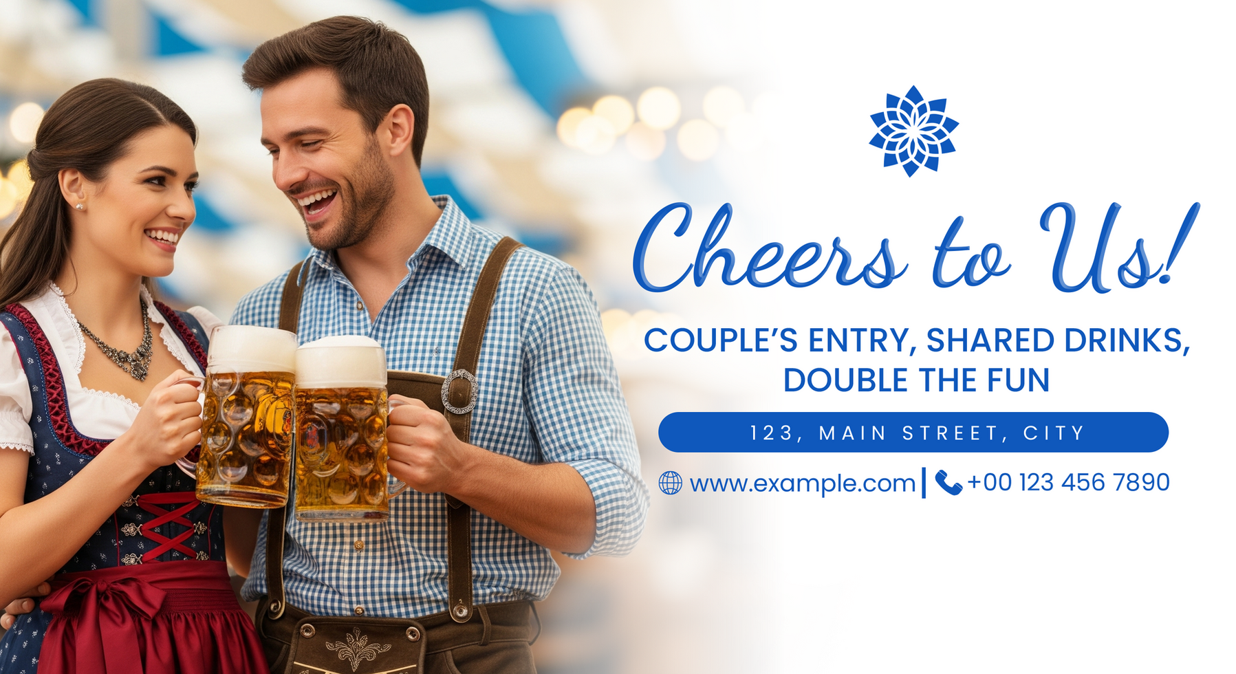 Oktoberfest pub event banner for beer party promotion, showcasing beer mugs, festive elements, and authentic Bavarian patterns for pub marketing, social media posts psd