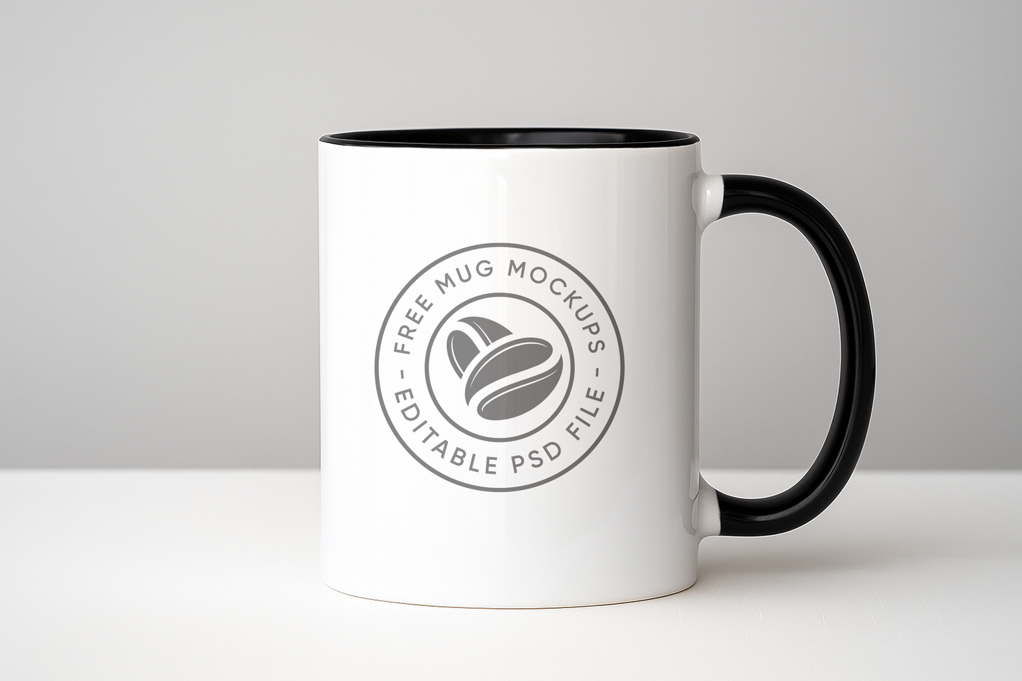 White Enamel Mug Mockup with Black Handle on Soft Background psd