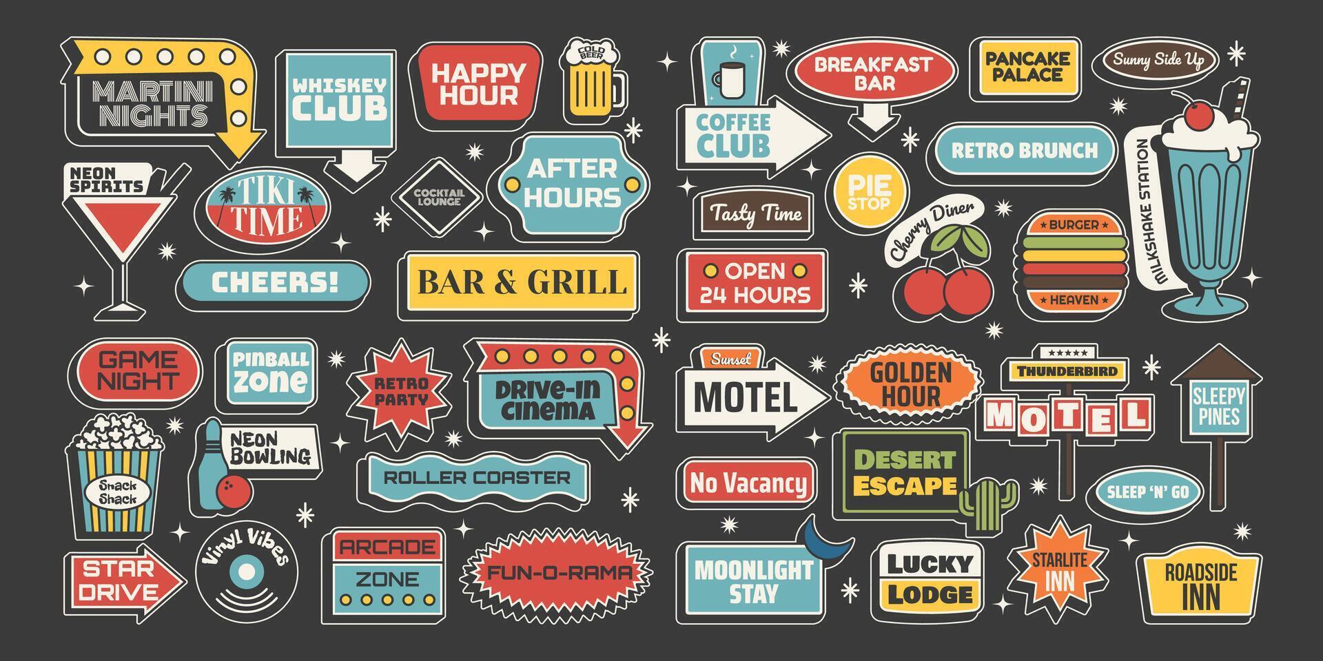Retro sticker set. Complete mid century signage pack with motel, bar, diner and entertainment signs. illustration on dark background vector