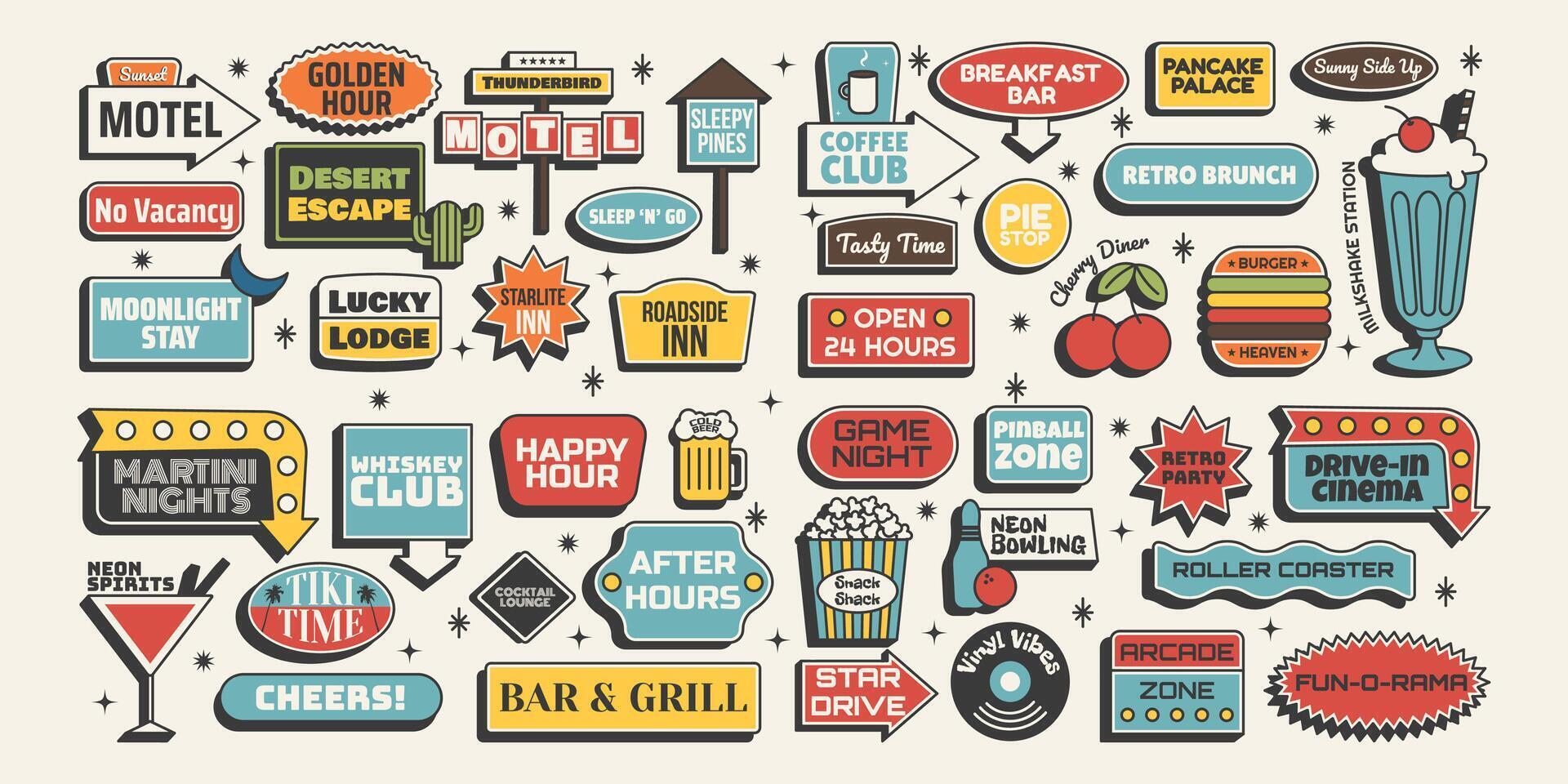 Retro sticker set. Motel, diner, bar and fun signs in one mid century 50s collection. Perfect for posters, events and themed design. illustration vector