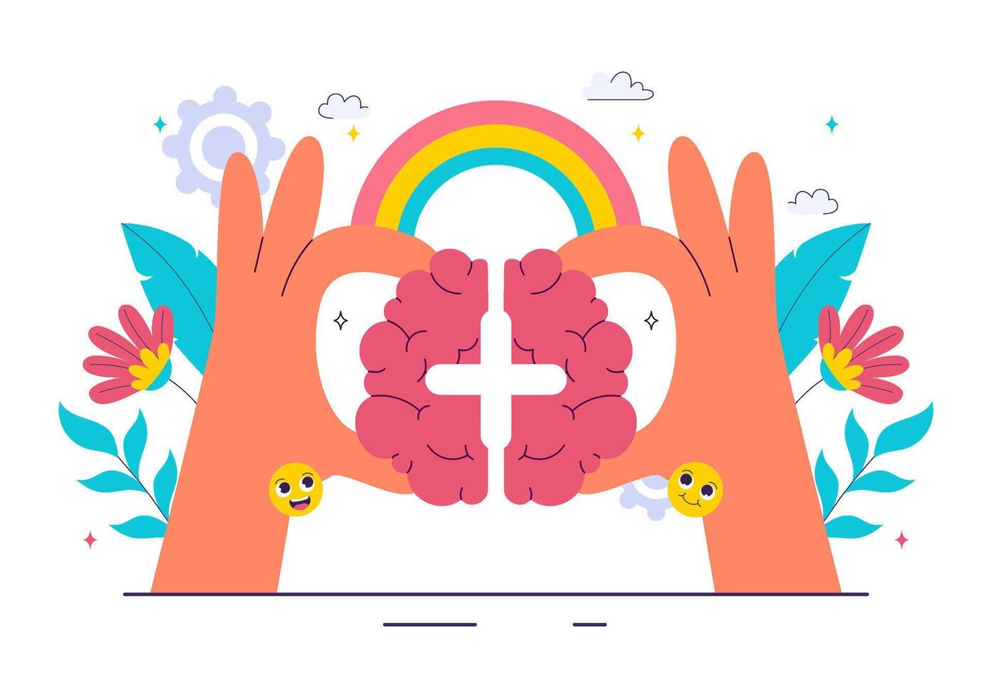 Hands holding a brain with a rainbow vector