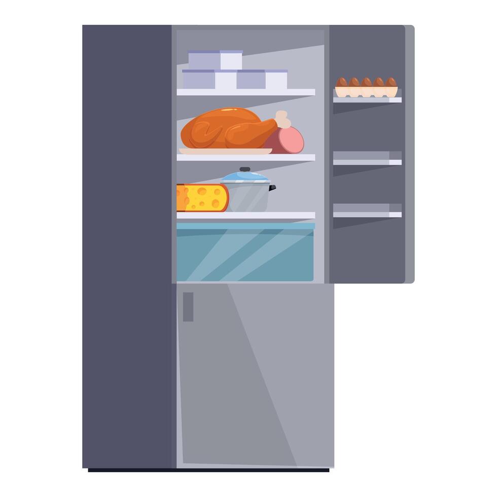 Open refrigerator storing food, eggs, cheese, and cooked chicken vector