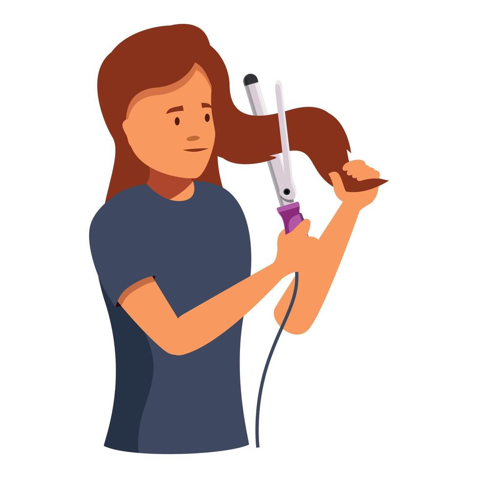 Young woman styling hair with curling iron, creating elegant curls at home vector