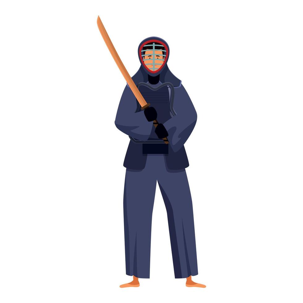 Kendo fighter is standing and holding wooden sword called shinai vector