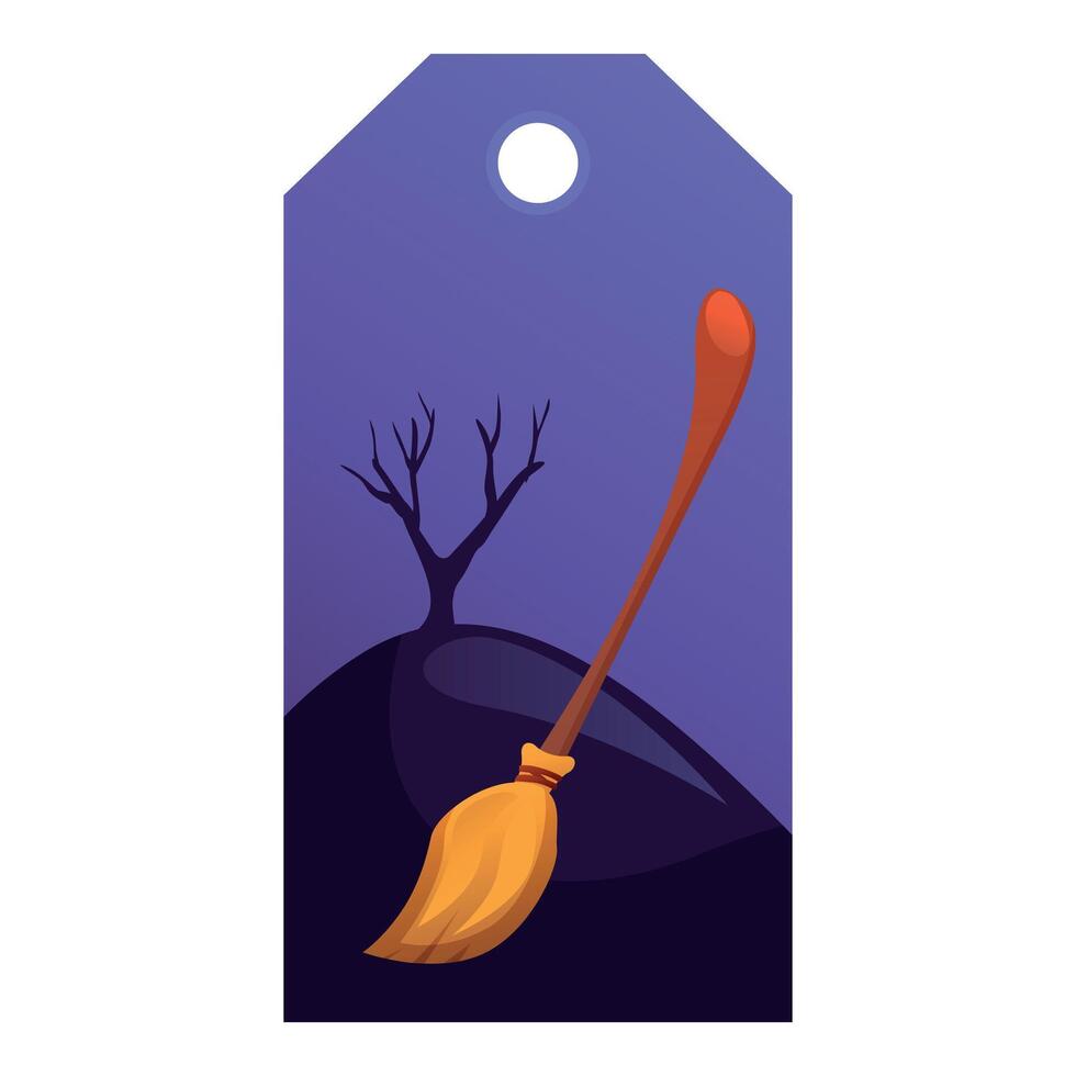 Halloween vertical gift tag featuring flying broom, bare tree and full moon vector