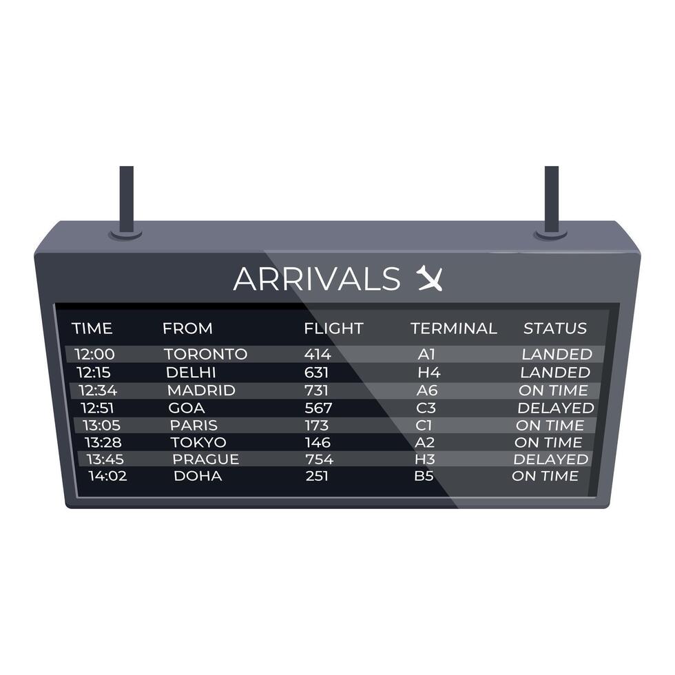 Airport arrivals board showing flight information, featuring destinations, times, and statuses vector