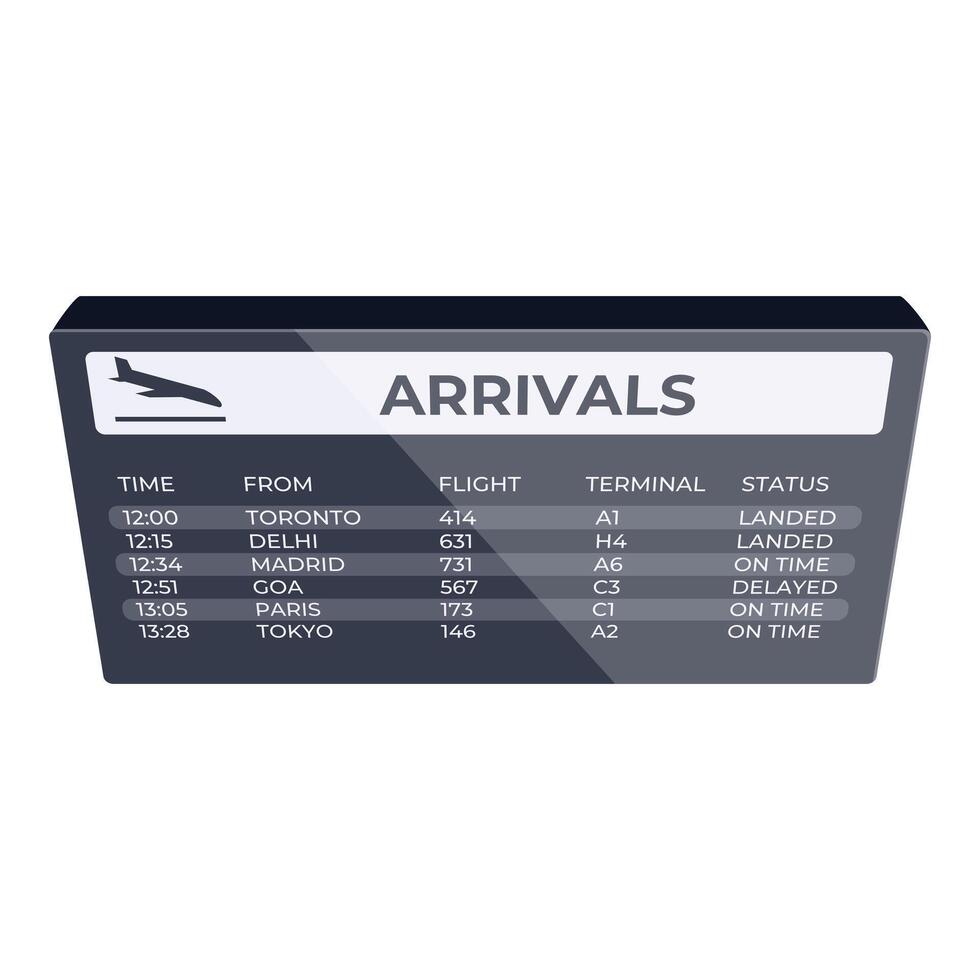 Airport arrivals board showing flight information, status and terminal vector