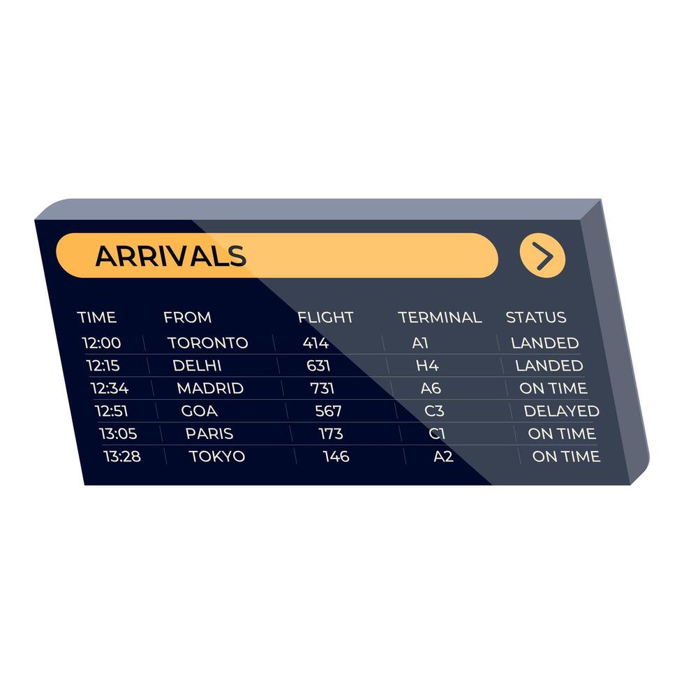 Airport arrivals board showing flight information with destinations, time, and status vector