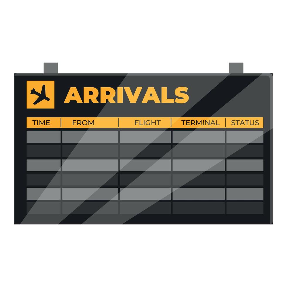 An airport arrival board with a yellow arrow vector