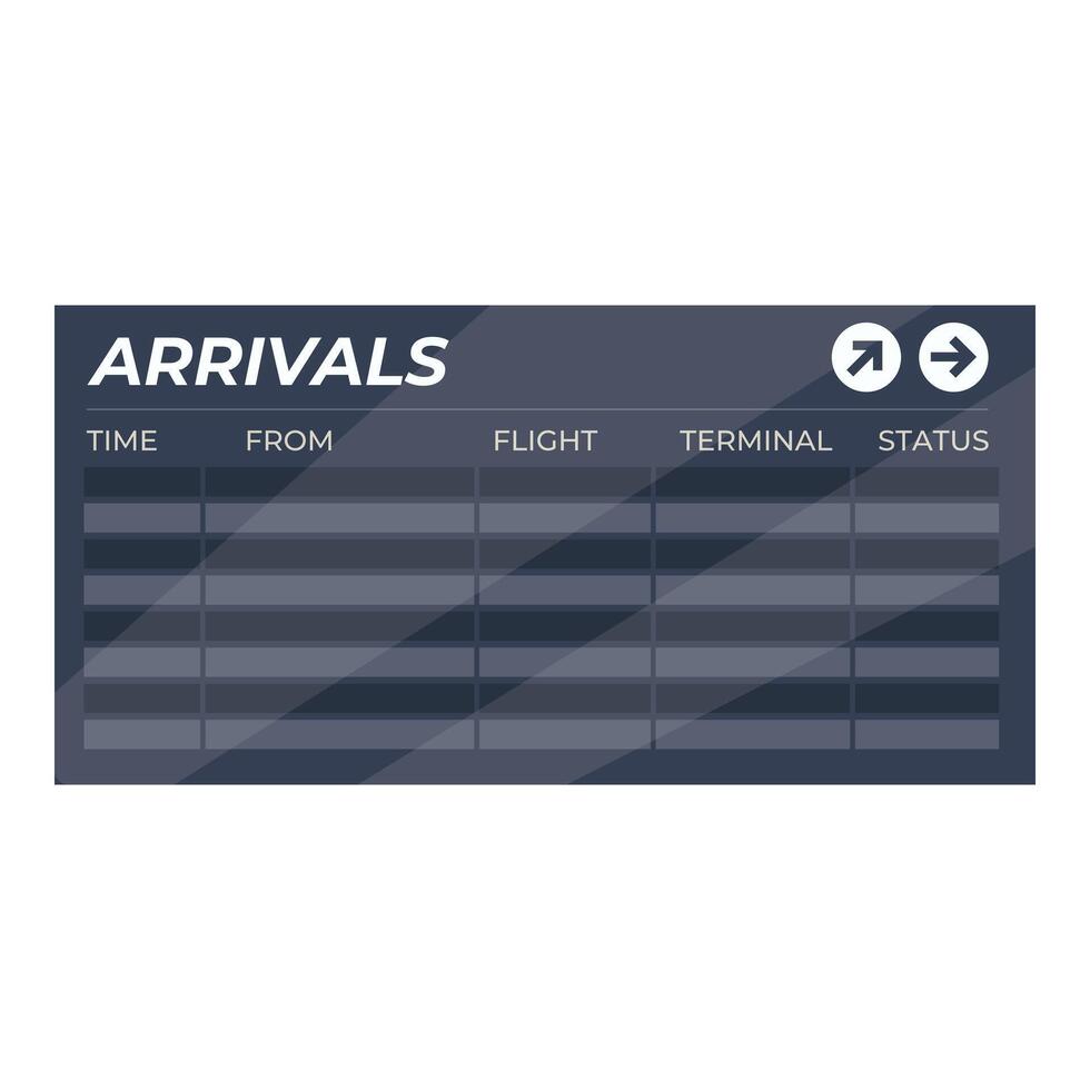 Airport arrivals board showing time, flight, terminal and status information vector