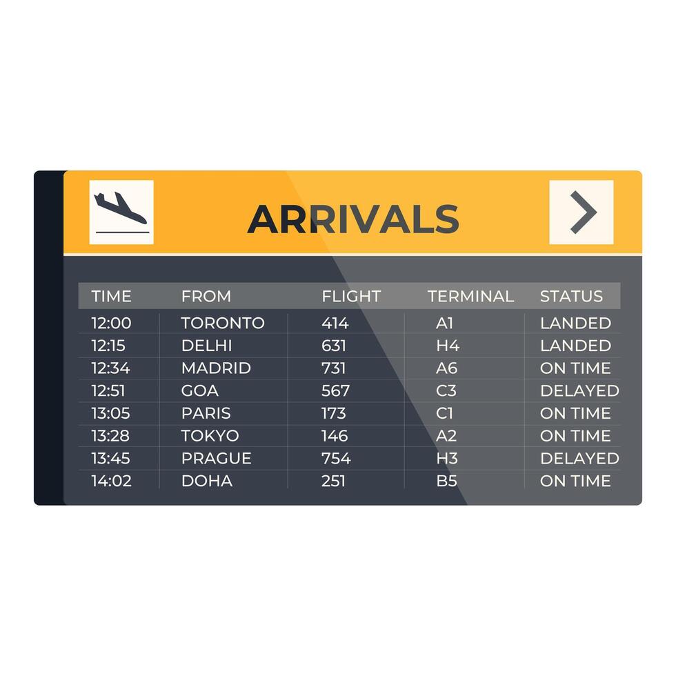 An airport arrival board with the time and date vector
