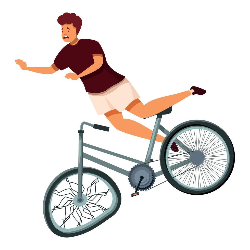 Cyclist falling from bicycle with broken wheel after accident vector