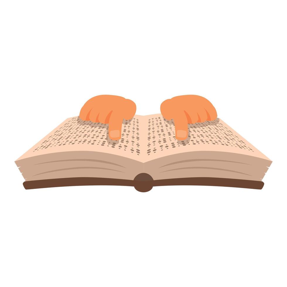 Two hands reading braille book with index fingers pointing at text vector
