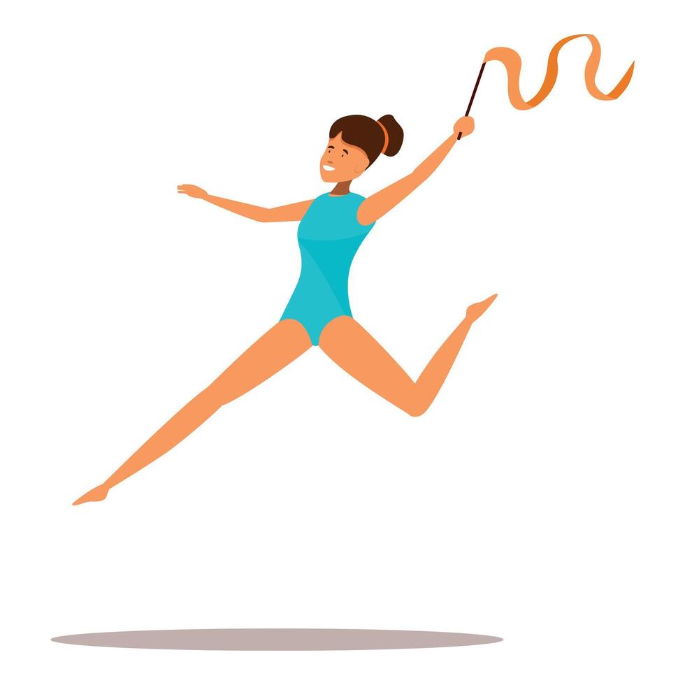 Rhythmic gymnast performing with ribbon, leaping and twirling with grace vector