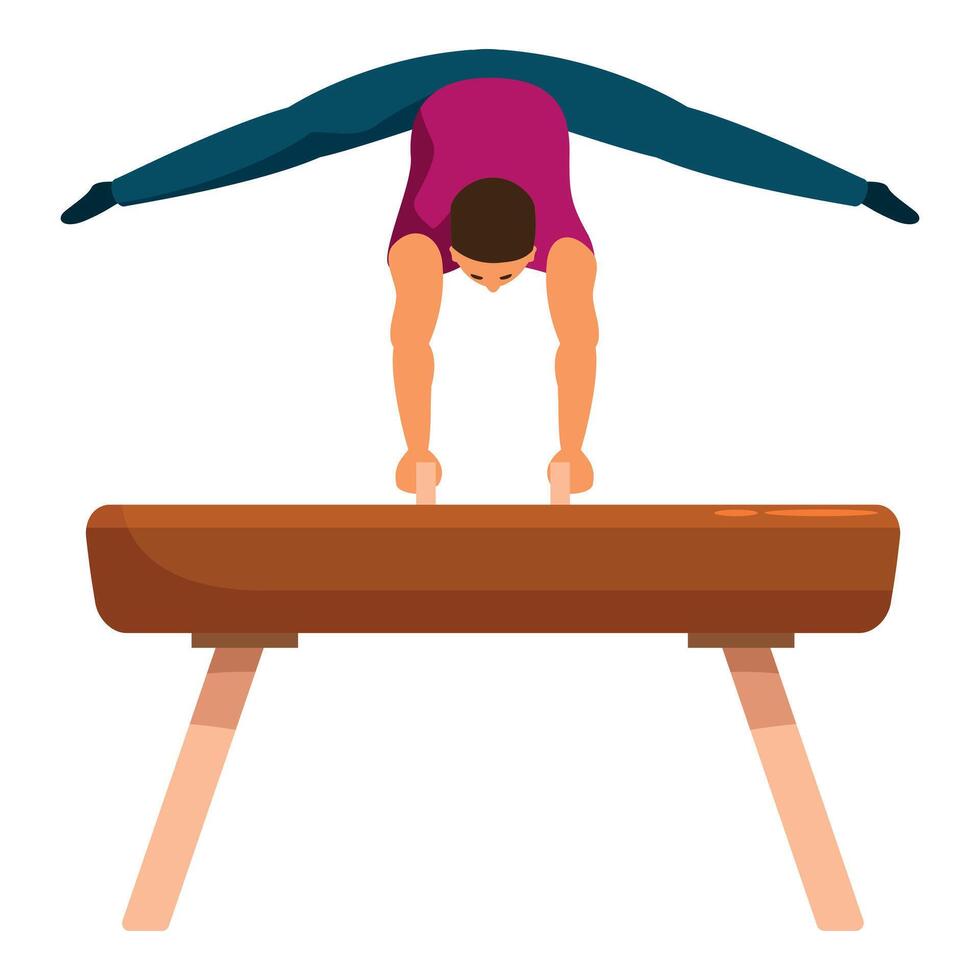Male gymnast performing on pommel horse, executing splits with precision and strength vector