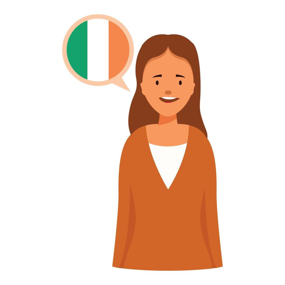 Smiling woman speaking irish language with flag in speech bubble vector