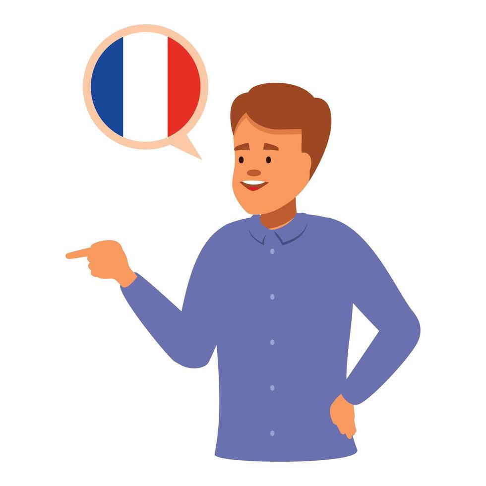 Smiling student pointing finger while learning french language vector