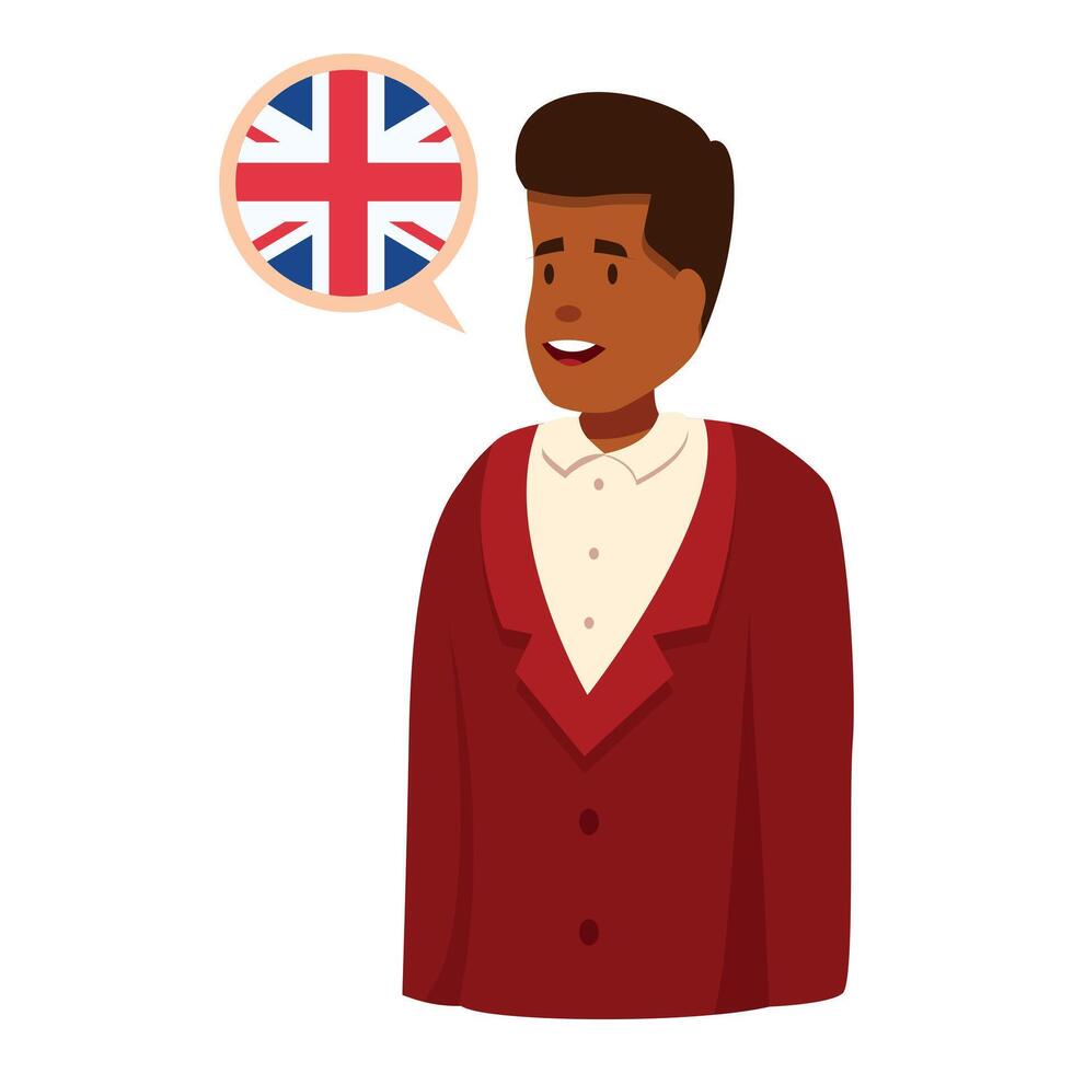 Smiling man wearing red suit learning english language looking at uk flag vector