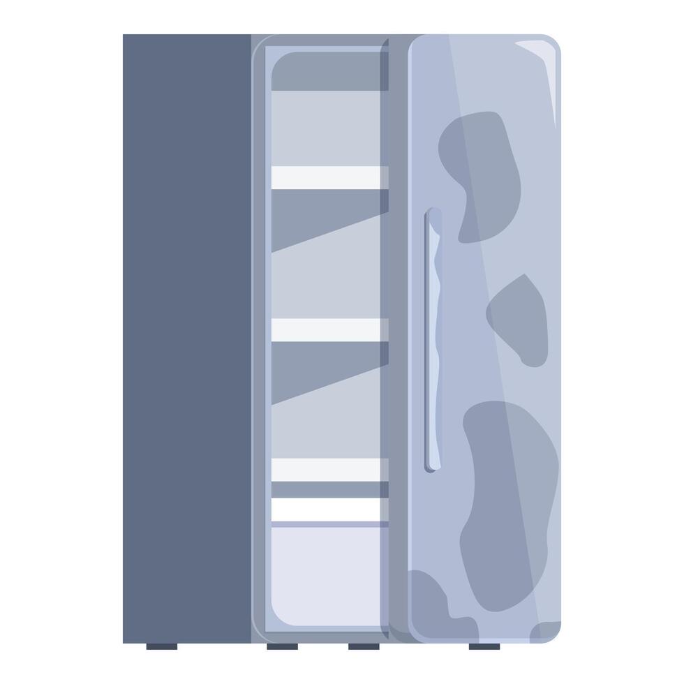 Empty refrigerator with open door displaying vacant shelves, maintaining food freshness and organization vector