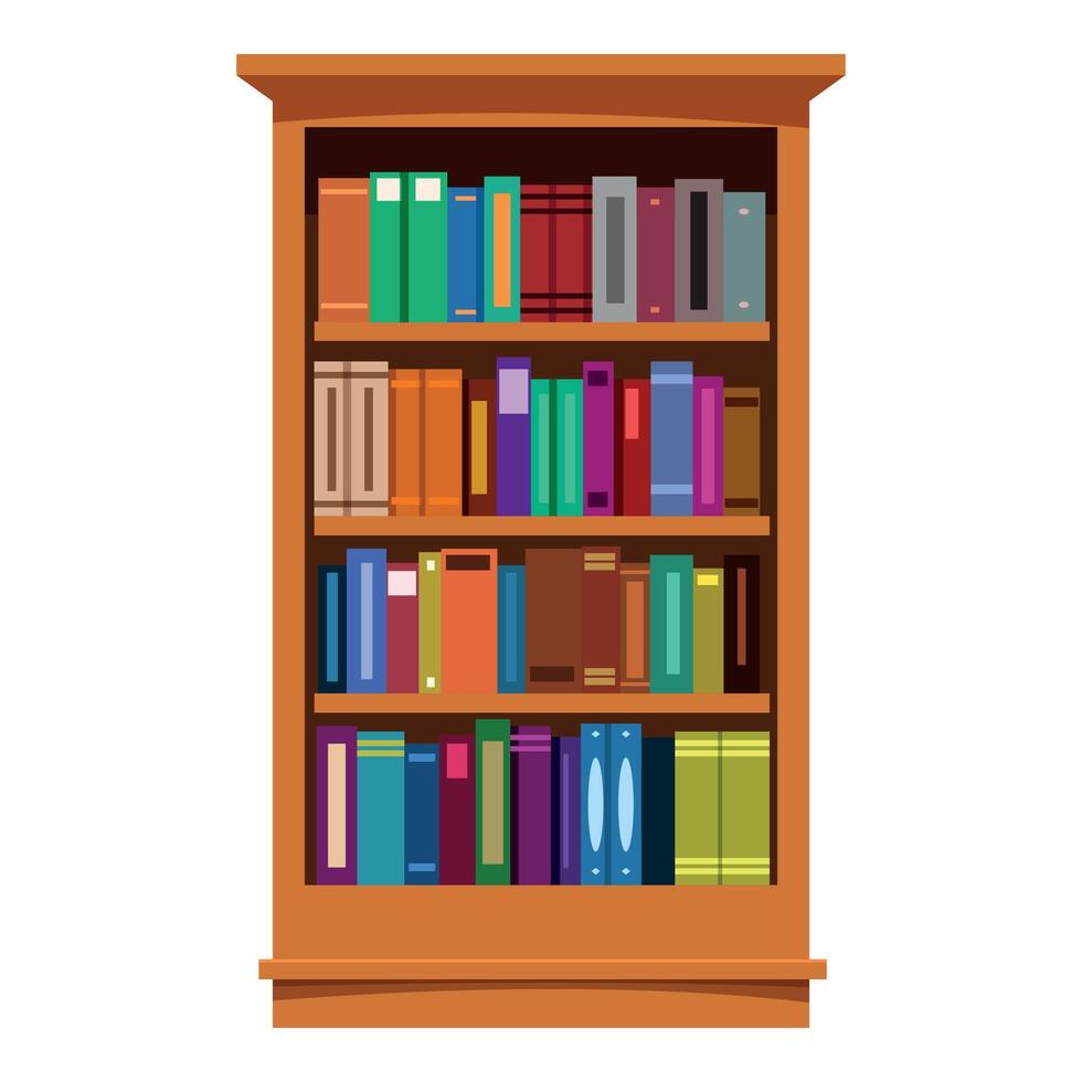 Wooden bookshelf holding colorful books and binders, perfect for libraries or home studies vector