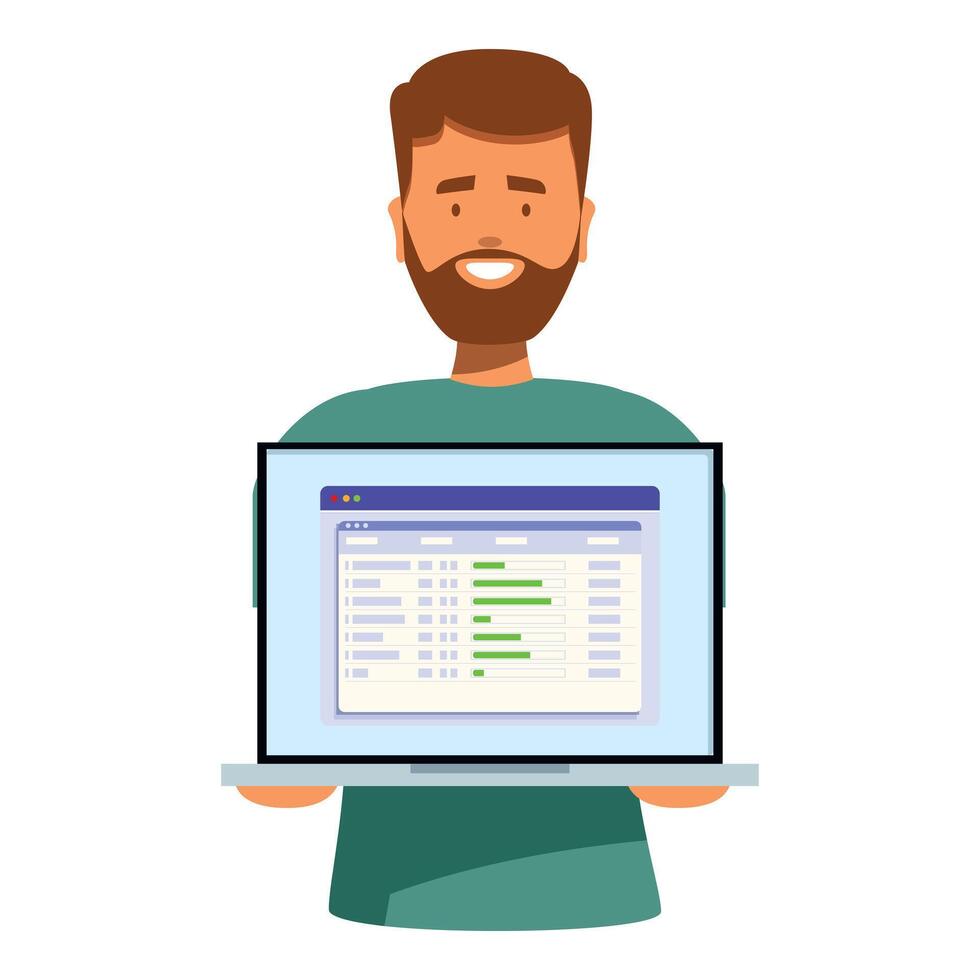 Smiling programmer holding laptop showing spreadsheet software vector